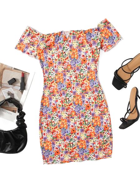 

f.loral p.rint o.ff s.houlder d.ress s80a#, Black;gray