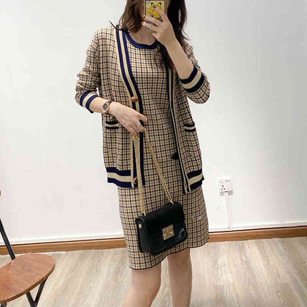 

two piece dress autumn qianniao lattice loose v-neck knitted cardigan women's coat vest dress two-piece fashion suit yddb, White