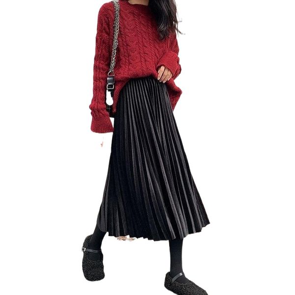 

skirts gold velvet skirt 2022 spring and autumn female winter a-line mid-length high waist black pleated b5br#