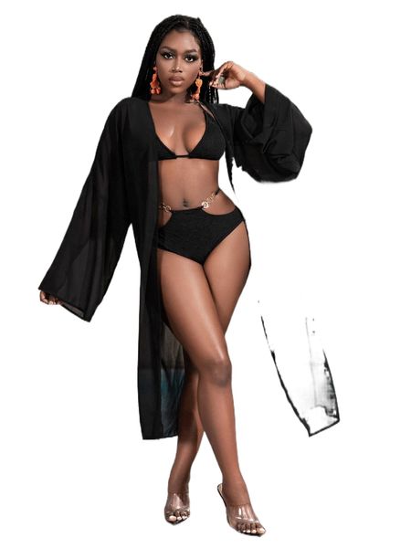 

batwing sleeve coat & crop cami & cut out chain detail shorts z3zx#, White