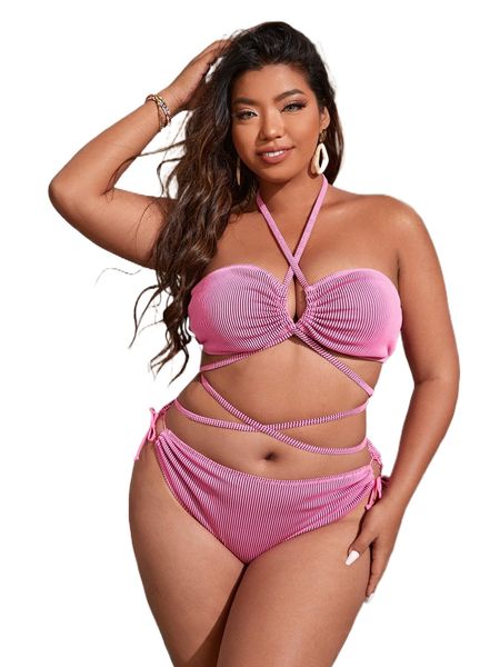 

plus rib crisscross tie backless halter high waist bikini swimsuit o1mu#, White;black