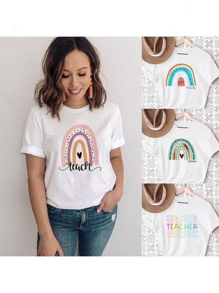 

teach love rainbow tee print white t-shirt teacher life short sleeve harajuku aesthetic women quotes graphic t shirts clothes