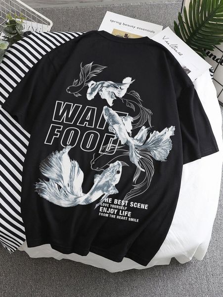 

men slogan & fish print tee p31t#, White;black