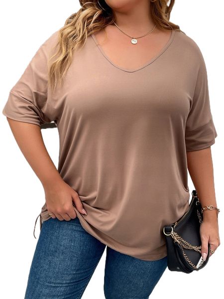 

plus solid drawstring side batwing sleeve tee v8co#, Black