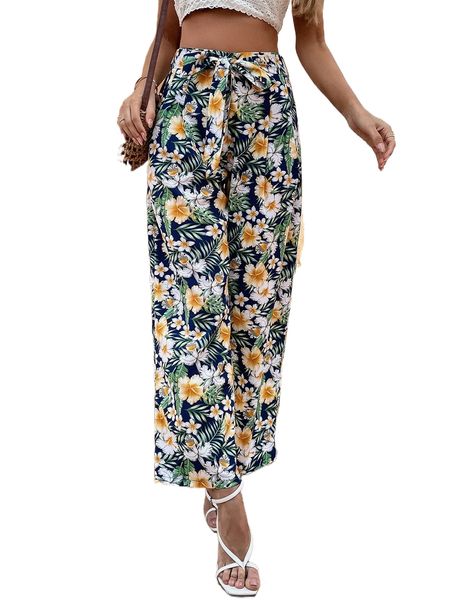 

tropical floral print belted wide leg pants r0jn#, Black;white