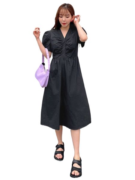 

dazy solid ruched a-line dress b2vu#, Black;gray
