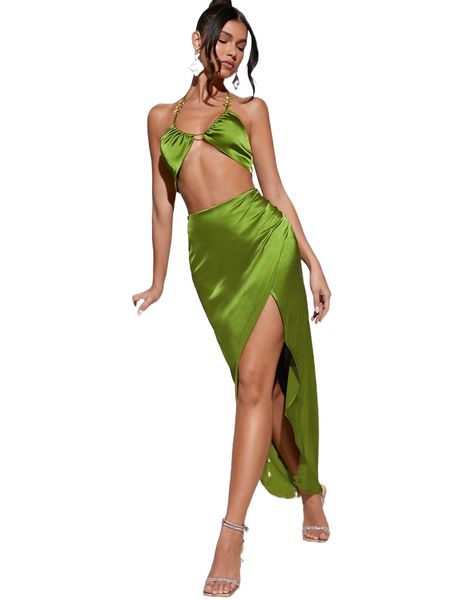 

bae tie backless o-ring crop satin halter & wrap hem skirt l9ll#, White