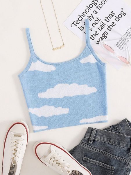 

cloud print knit cami p6lg#, White;black