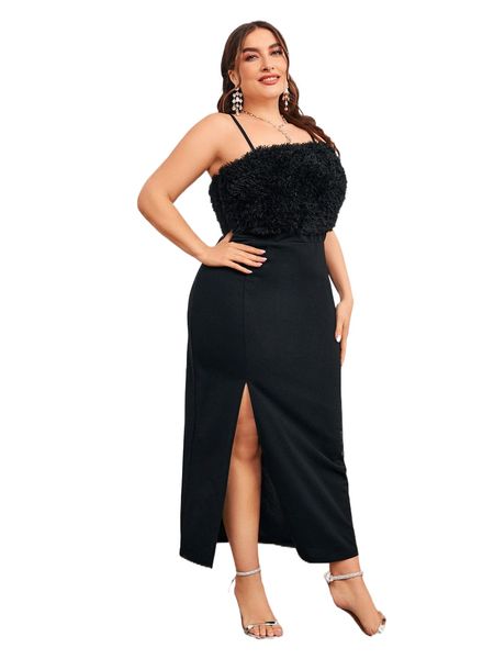 

plus fuzzy trim split thigh dress 41s8#, Black
