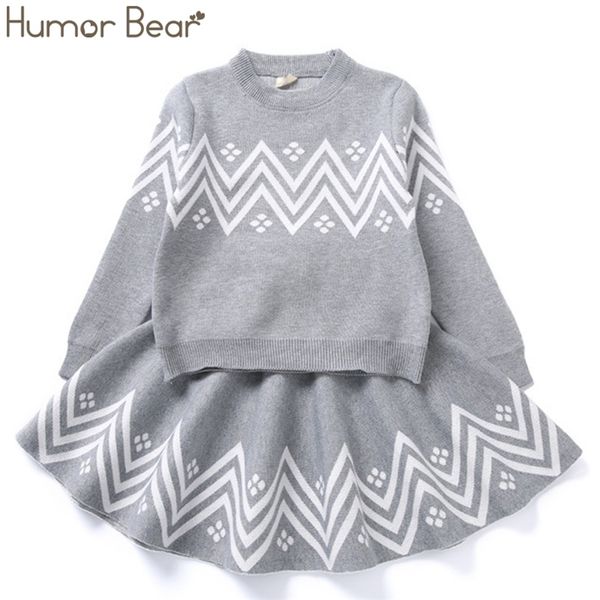 

humor bear winter girls clothes suit geometric pattern dress girls knited clothes long sleevecoat skirt 2pcs sweater lj201128, Blue