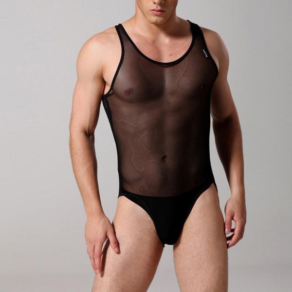 Mutande da uomo sexy body in rete calza trasparente per il corpo intimo uomo vedere attraverso lingerie erotica senza maniche tuta tutina sotto