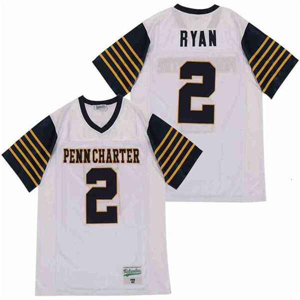 Chen37 High School William Penn Charter 2 Matt Ryan Futebol Jersey costurou e bordou a equipe de bordados fora de qualidade de algodão puro respirável branco