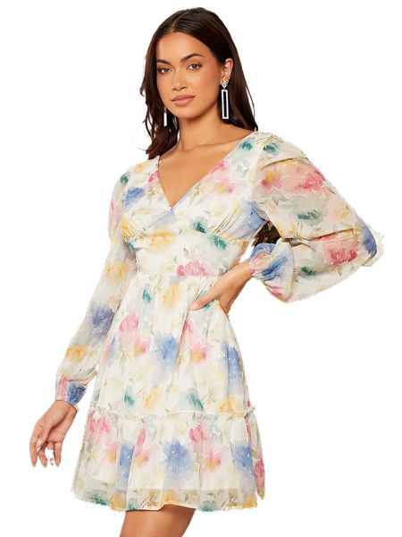 

floral print lantern sleeve frill trim dress e2en#, Black;gray
