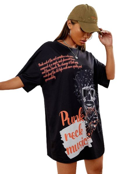 

slogan & figure graphic drop shoulder tee dress g5cl#, Black;gray