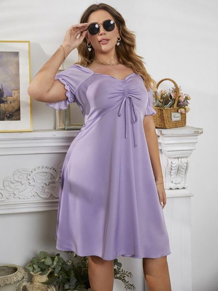 

plus drawstring ruched puff sleeve dress a24g#, Black