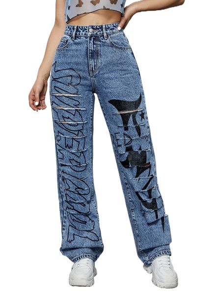 

letter & graphic print ladder ripped jeans r1m2#, Blue