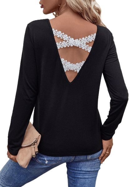 

guipure lace insert tee e68v#, White