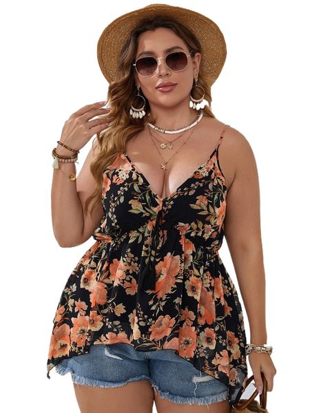 

plus floral asymmetrical hem cami x3l6#, Black
