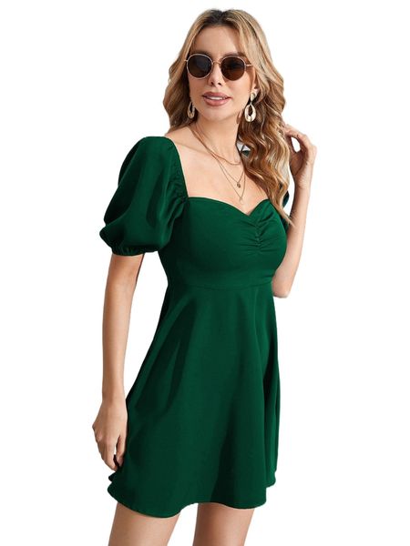 

ruched bust puff sleeve dress n2yz#, Black;gray