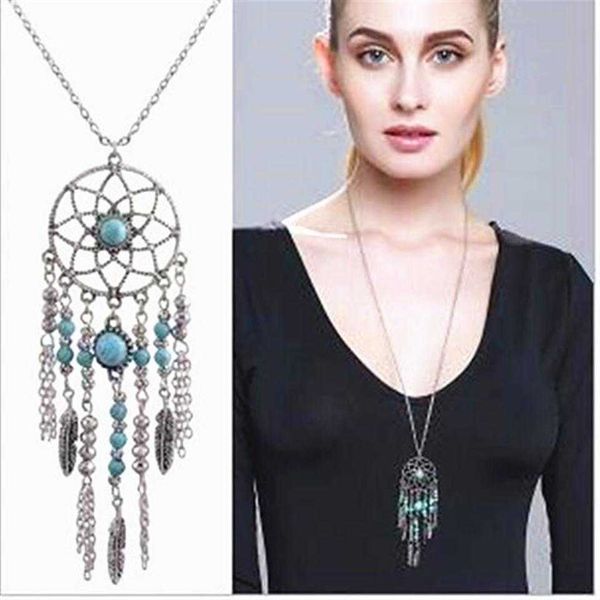 

dream vintage catcher necklace tassel feather turquoise bohemian style long sweater chain charm jewelry xmas gifts 12pcs1920, Silver