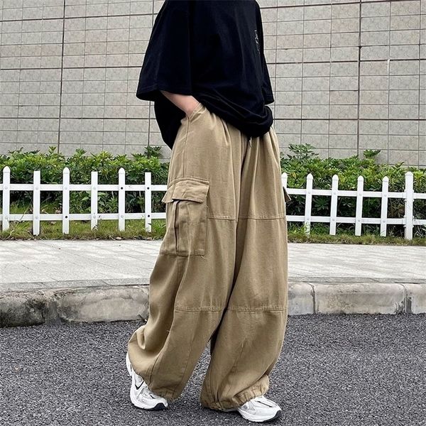 Houzhou Harajuku Streetwear Khaki Carga Pant Sobrecarga Pockets Hip Hop Black Largna Perna Calças para Feminino Coreano Moda 220325