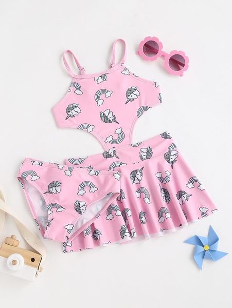 

toddler girls unicorn print cut-out swim dress with bikini bottom she, Blue