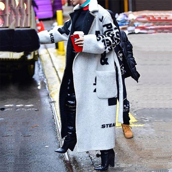 

women's wool blends fashion autumn elegant lapel lace-up cardigan jacket women long sleeve loose outerwear winter long double sided pri, Black
