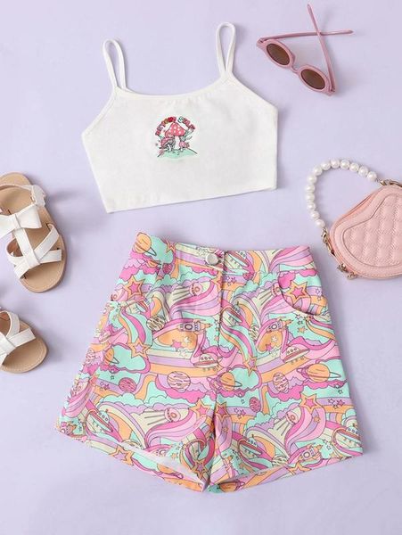 

girls mushroom print cami & shorts set she, White
