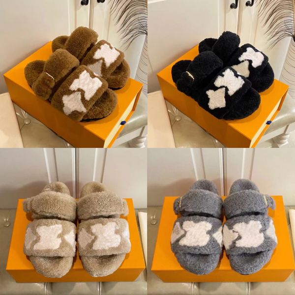 

with box womens slippers ladies wool slides winter fur fluffy furry warm letters sandals comfortable fuzzy sheet girl flip flop, Black