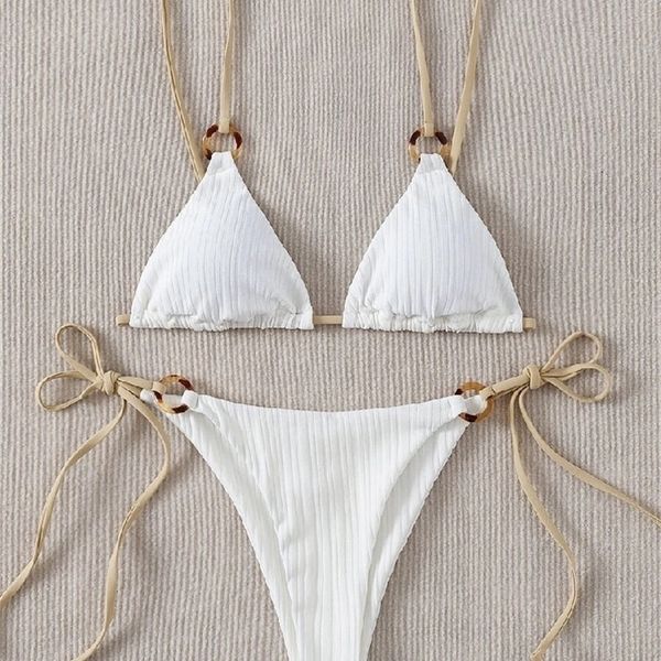 

bikini set cute white plain ring linked spaghetti strap triangle thong biquini swimsuit swimwear women bathing suit b0 220504, White;black