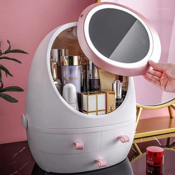 Caixas de armazenamento caixas de cosméticos LED HD Mirror Makeup Jewelry Jóias portáteis Recipiente de beleza criativa portátil