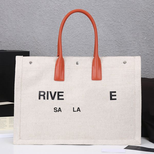 Bolsa de tote de alta qualidade Rive Gauche Women Straw Bags Bolsa de compras Sagas de lona de grande capacidade Tootes de couro genuíno letra de impressão Carta de impressão Fixador