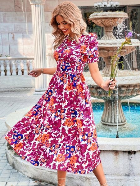 

floral puff sleeve high waist a-line dress n44c#, Black;gray