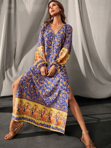 

luukse floral print lantern sleeve split thigh dress t3e3#, Black;gray