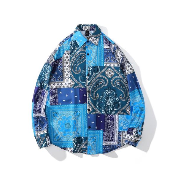 Camisetas masculinas Tops de verão homens causais de colarinho paisley bandana camisa impressa moda de manga longa para menmen's