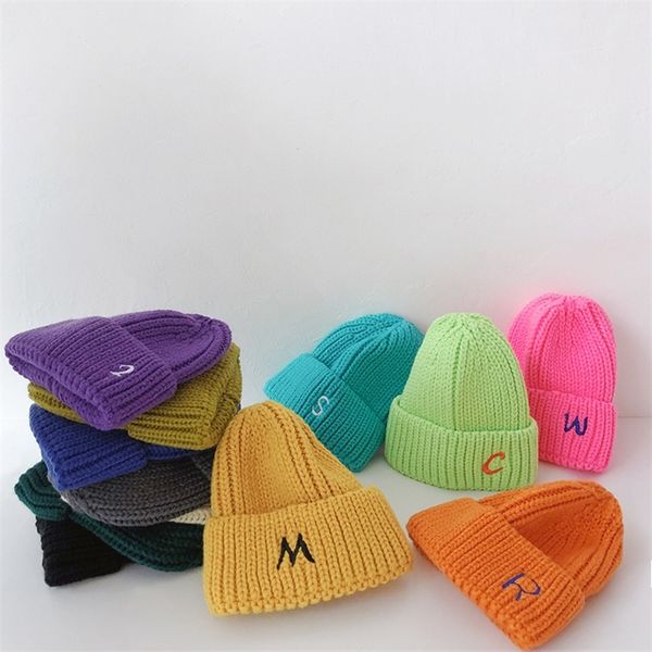 

autumn winter kids boys girls knitted hats soft thickening warm letter pattern casual children caps 220511, Yellow