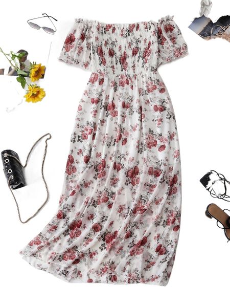 

plus floral print shirred off shoulder dress g4aw#, Black