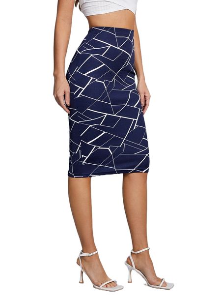 

allover geo print pencil skirt g61p#, Black