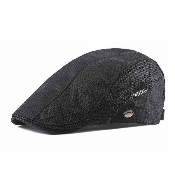 Cappello berretto estivo in rete per uomo Berretto traspirante cavo Solido Nero Bianco Berretto piatto Donna Golf all'aperto Guida Venditore di giornali Cappelli J220722