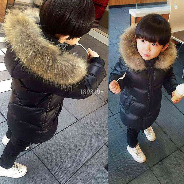 

2021 winter children fur collar down jacket boys girls thick mid-length hooded warm coats kids fashion down parkas t220729, Blue;gray