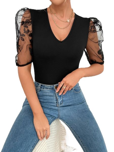 

butterfly embroidery mesh puff sleeve l86r#, White