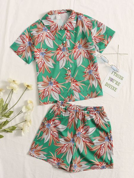 

girls tropical print blouse & shorts set she, White