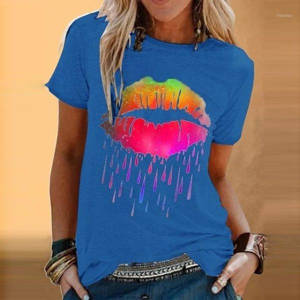 ) Kadın T-Shirt Yaz Kısa Kollu Rahat Artı Boyutu O-Boyun Tshirt Moda Renkli Dudak Baskı Genç Kız Üstleri Üst Femme kadın