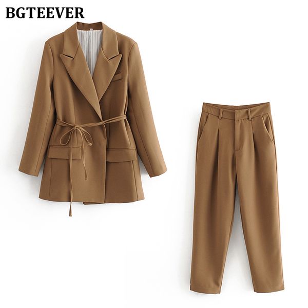 

stylish autumn loose women trousers suits full sleeve lace-up suit jackets high waist pencil pants ladies blazer set, White