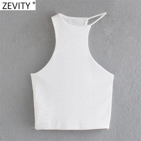 

zevity women chic asymmetrical white knitting camis tank high street ladies sleeveless vest summer slim crop sw843 220423