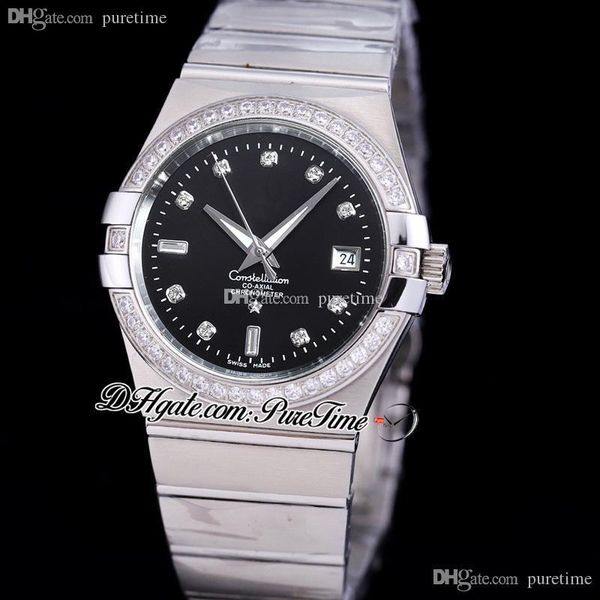 

38mm classic a8500 automatic mens watch steel case diamonds bezel black diamond dial stainless steel bracelet 123.10.38.21.51.001 puretime g, Slivery;brown