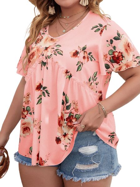 

plus floral print frill trim blouse b9ri#, Black