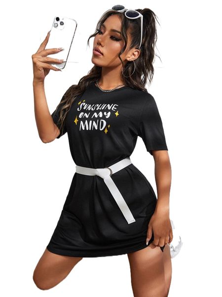 

x meloeve slogan graphic belted dress e8nw#, Black;gray
