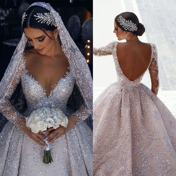 Vestidos de bola luxuosos vestidos de noiva sexy lace sem alças mangas compridas v miços de pescoço lantejoulas apliques diamantes vestidos de noiva árabe bandidos sem costas vestes vintage