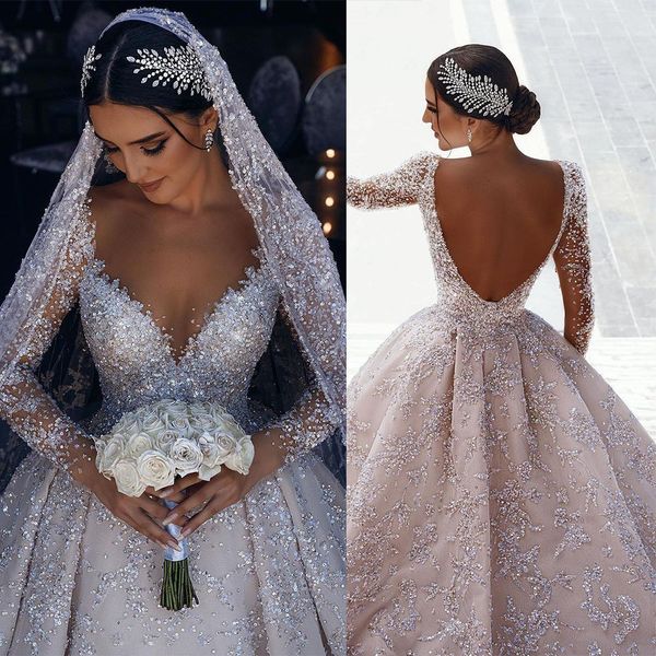 

luxurious ball gown wedding dresses strapless lace long sleeves v neck beads sequins appliques diamonds arabic bridal gowns ruffles backless, White